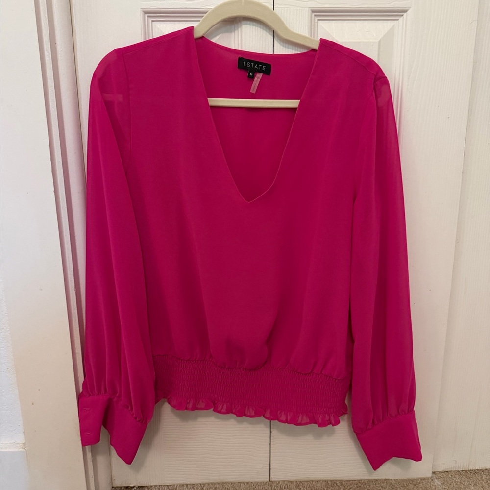 1. State Fuchsia V-Neck Long Sleeve Blouse